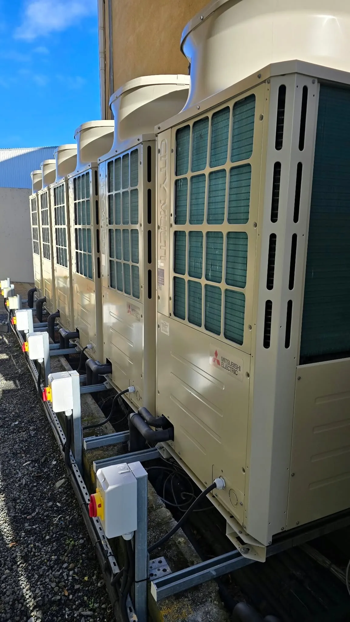 Mitsubishi VRF modules in a row on a steel frame